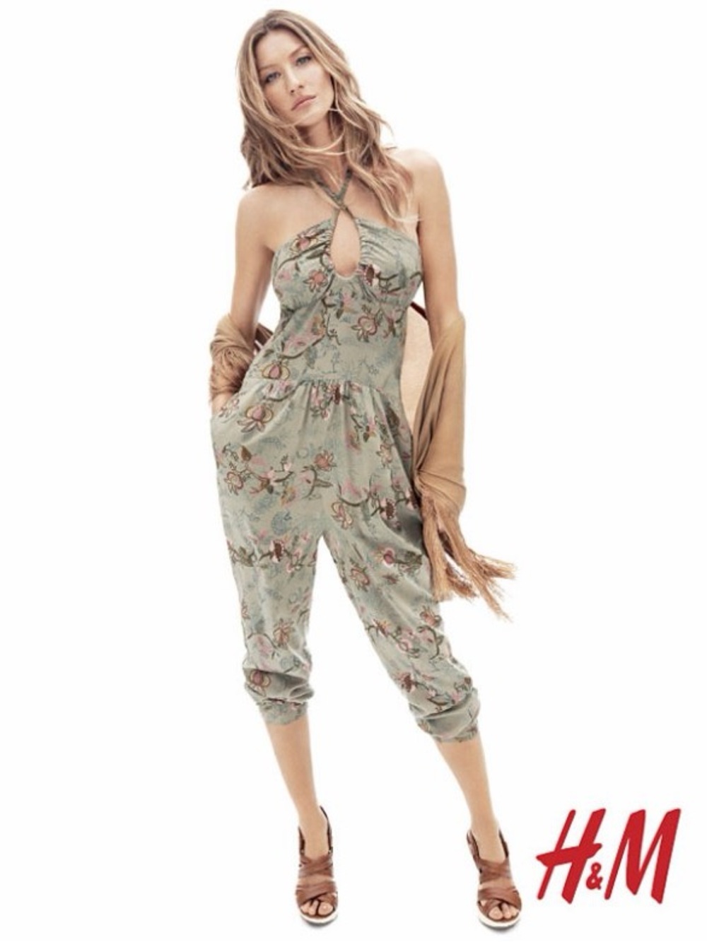 H&M Sage Green Floral Halter Jumpsuit Gisele bundchen
